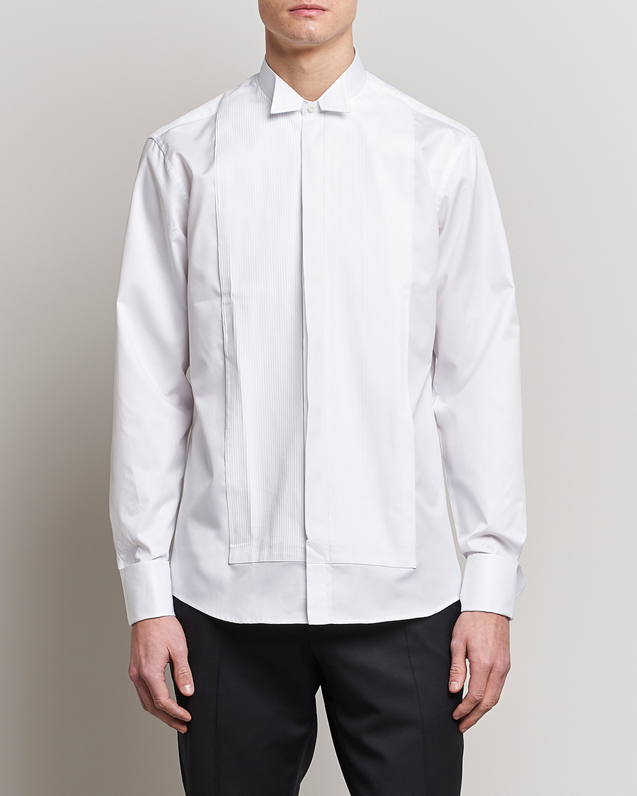 Herr | Black Tie | Stenströms | Fitted Body Stand Up Collar Plissè Shirt White