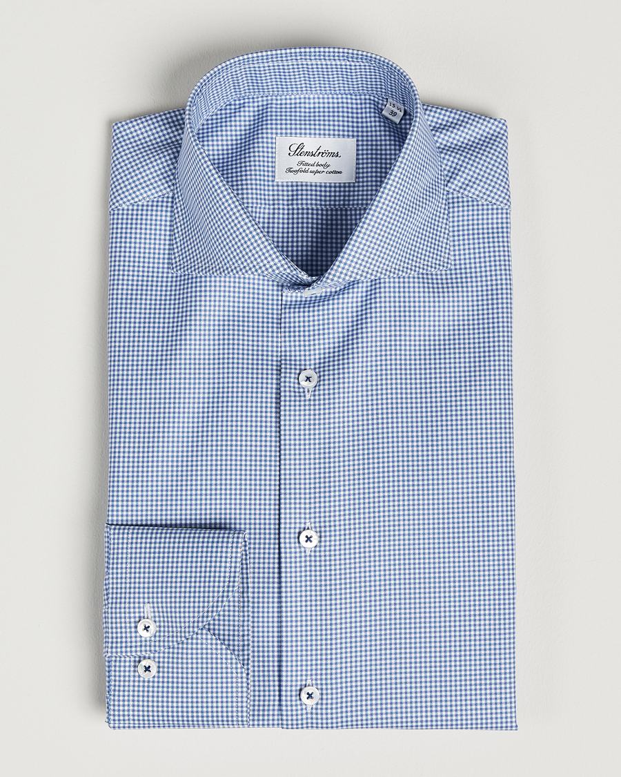 Herr | Skjortor | Stenströms | Fitted Body Small Check Cut Away Shirt Blue