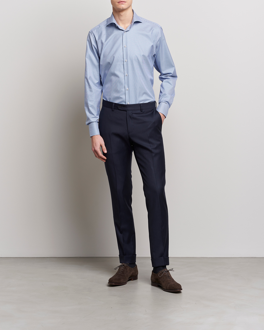 Herr | Skjortor | Stenströms | Fitted Body Small Check Cut Away Shirt Blue