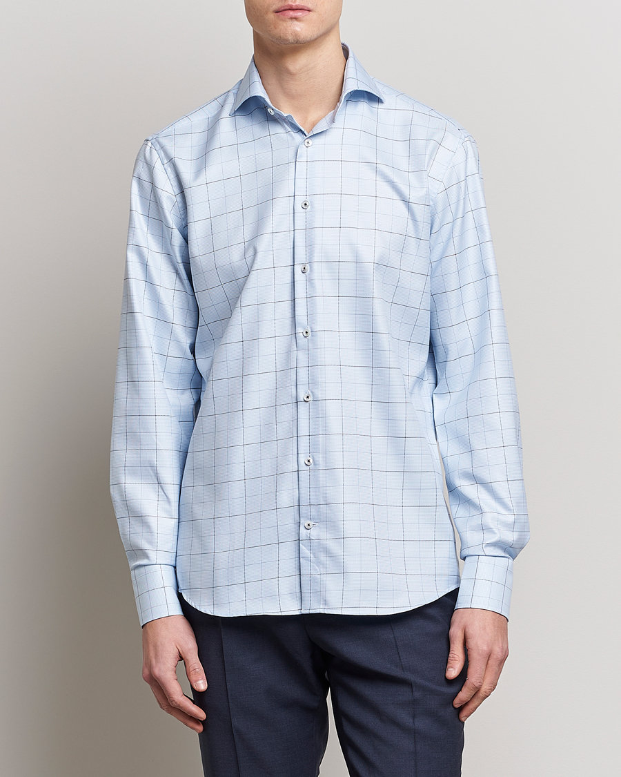 Herr | Businesskjortor | Stenströms | Fitted Body Cut Away Windowpane Shirt Blue