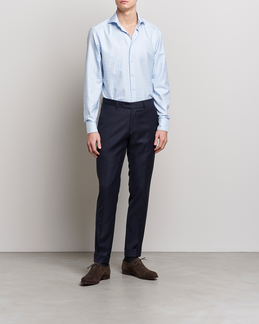 Herr | Stenströms | Stenströms | Fitted Body Checked Cut Away Shirt Light Blue