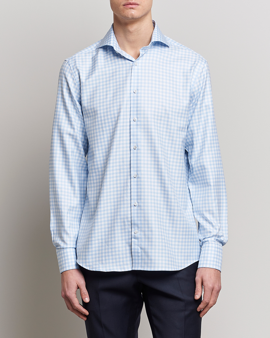 Herr | Kläder | Stenströms | Fitted Body Checked Cut Away Shirt Light Blue