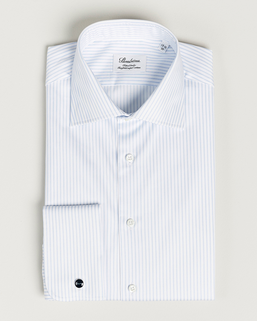 Herr |  | Stenströms | Fitted Body Cotton Double Cuff Shirt White/Blue
