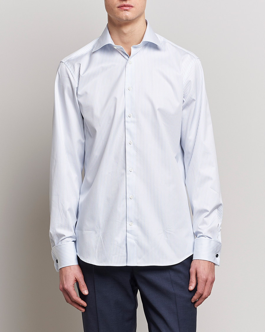 Herr | Businesskjortor | Stenströms | Fitted Body Cotton Double Cuff Shirt White/Blue