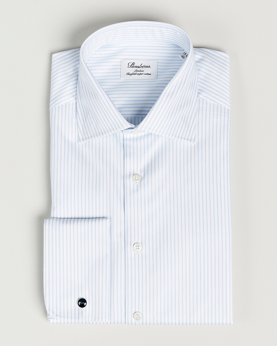 Herr | Skjortor | Stenströms | Slimline Cotton Double Cuff Shirt White/Blue