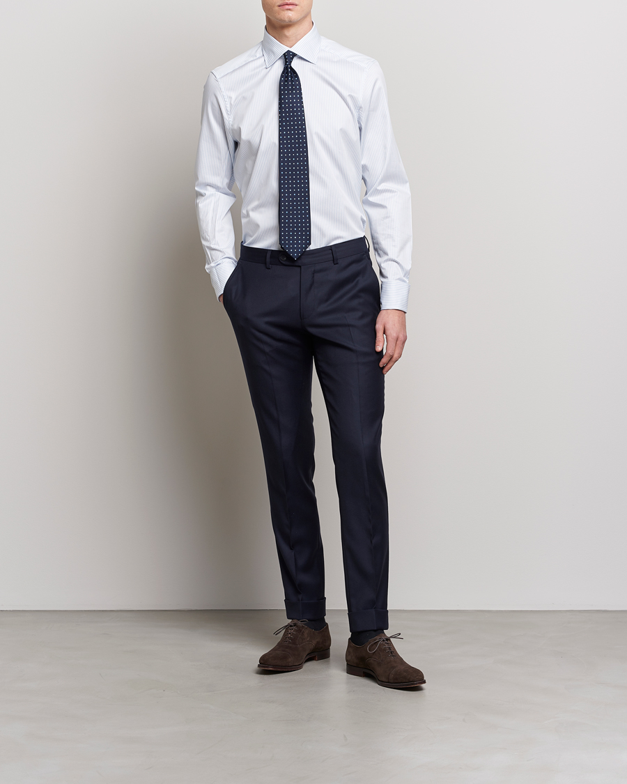 Herre |  | Stenströms | Slimline Cotton Double Cuff Shirt White/Blue