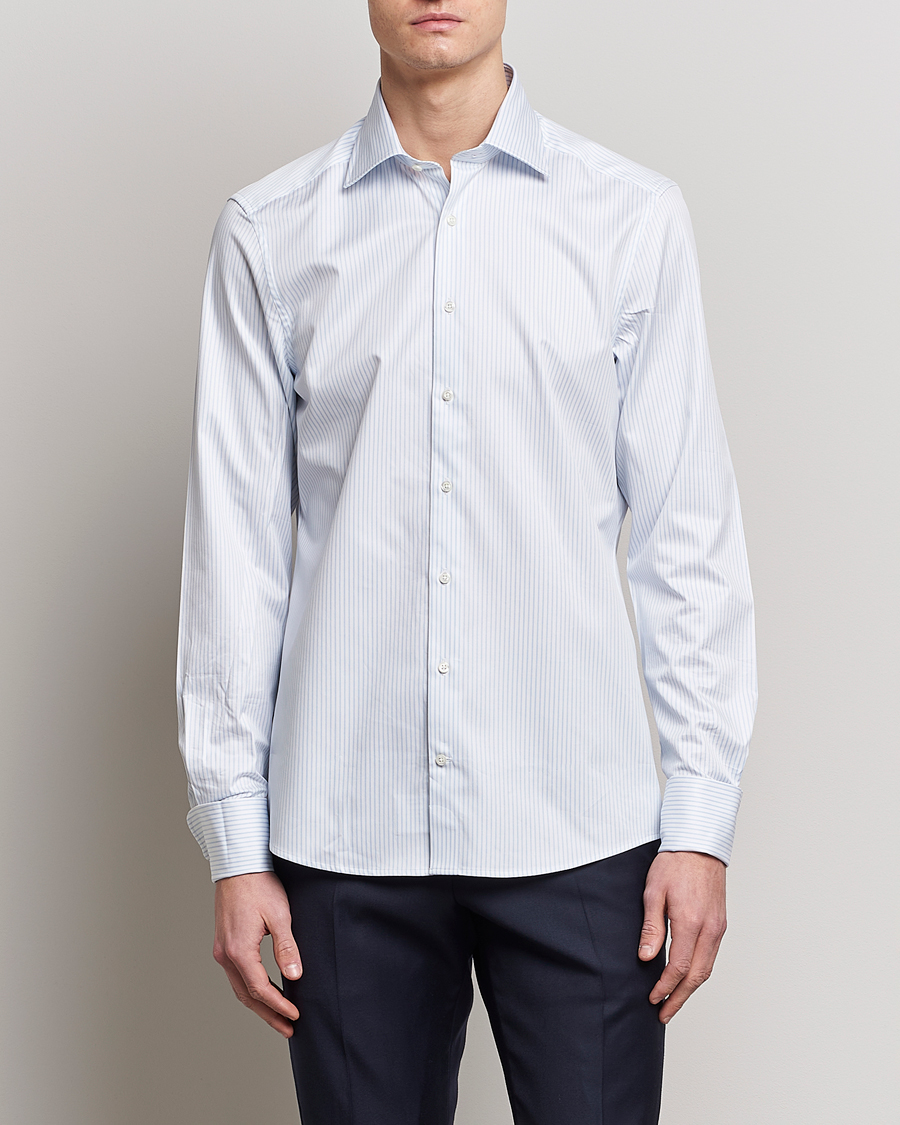 Herr |  | Stenströms | Slimline Cotton Double Cuff Shirt White/Blue