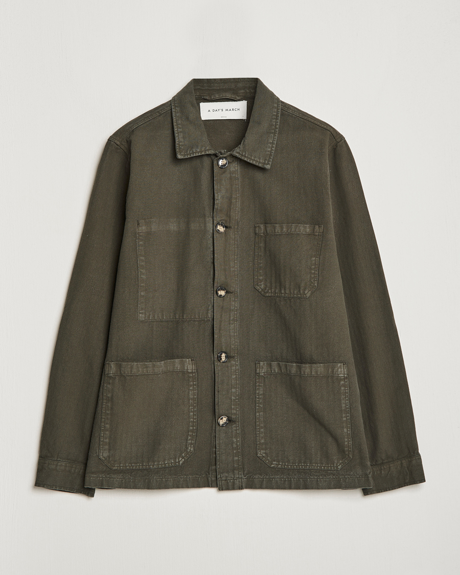 Herr | Skjortor | A Day's March | Original Herringbone Overshirt Regular Fit Olive