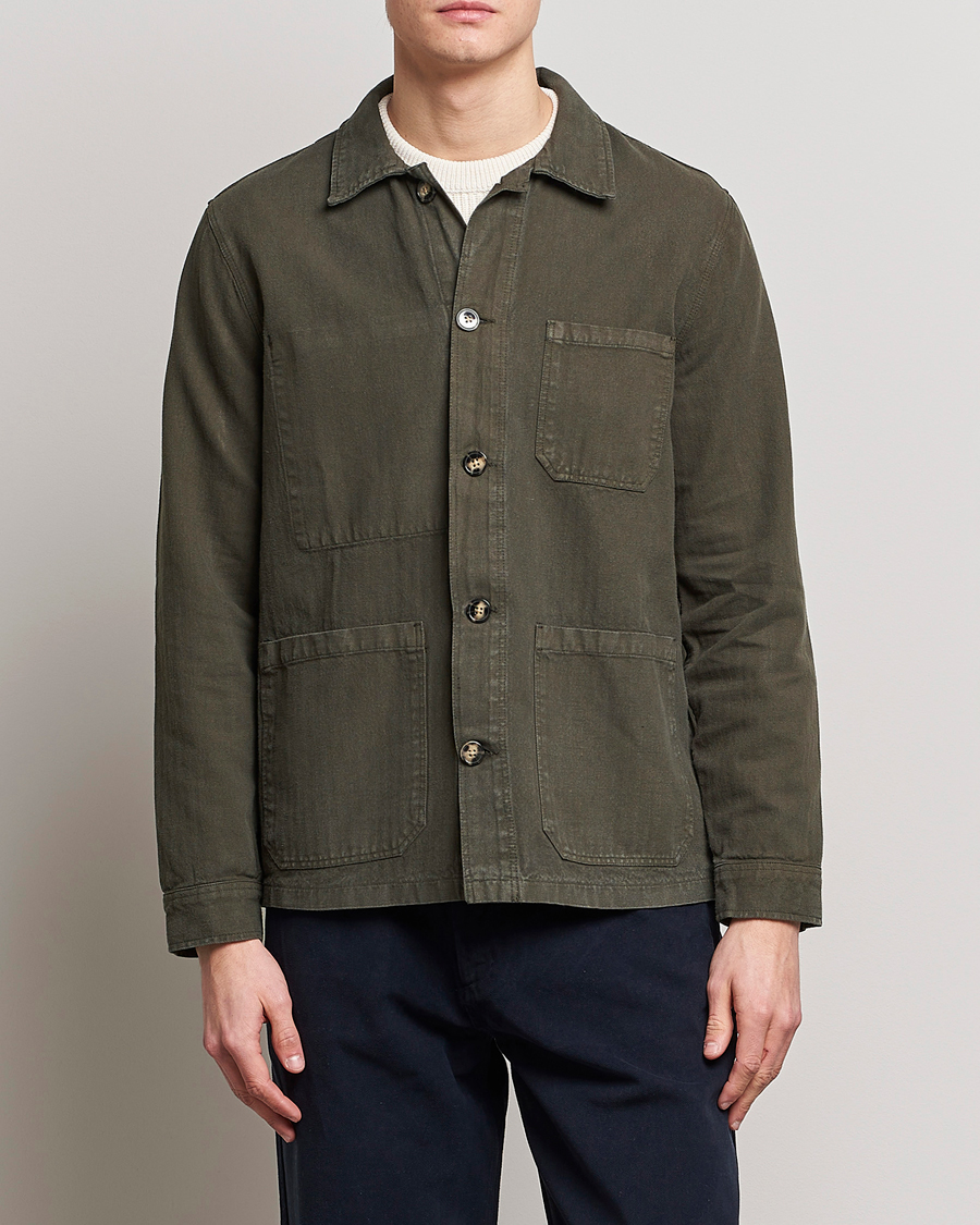 Herr | Skjortor | A Day's March | Original Herringbone Overshirt Regular Fit Olive