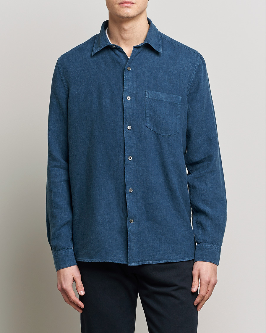 Herr | Linneskjortor | A Day's March | Abu Linen Shirt Indigo Blue