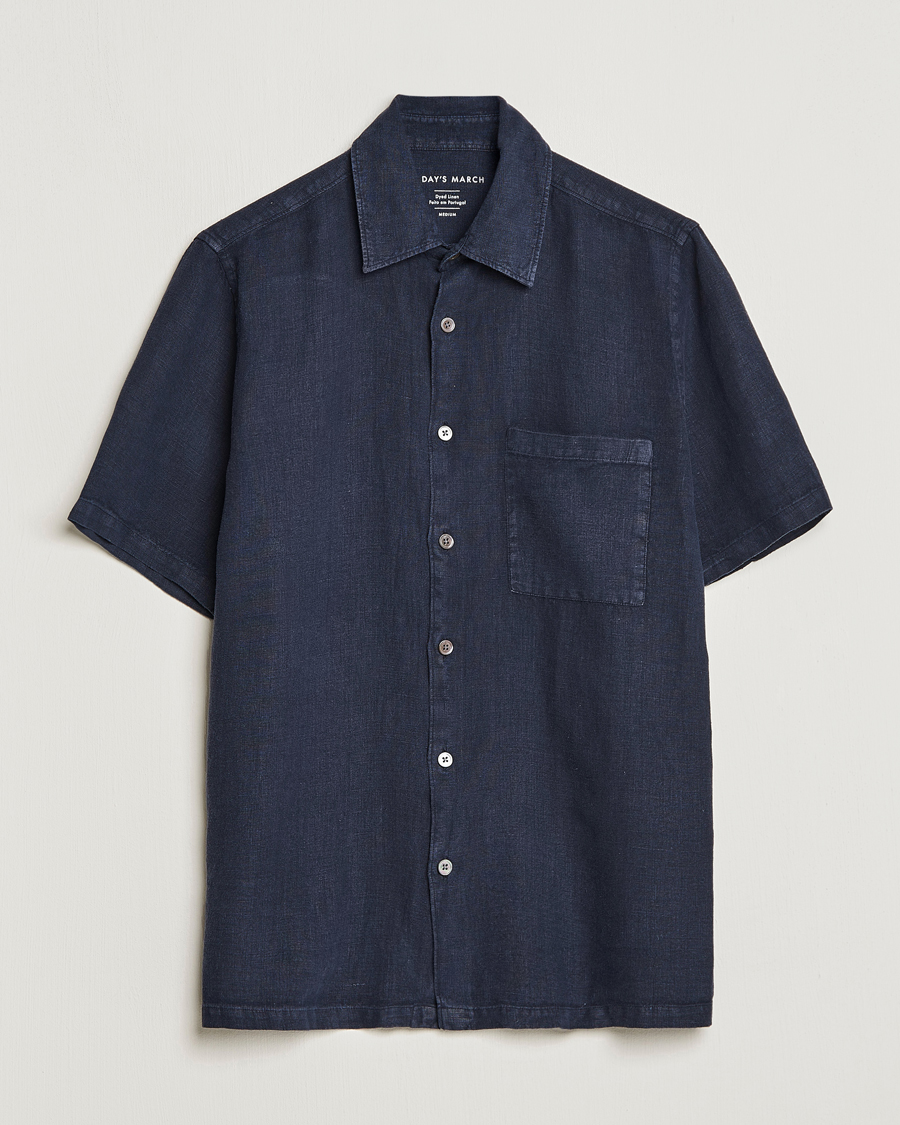 Herr | Skjortor | A Day's March | Khito Short Sleeve Linen Shirt Dark Navy