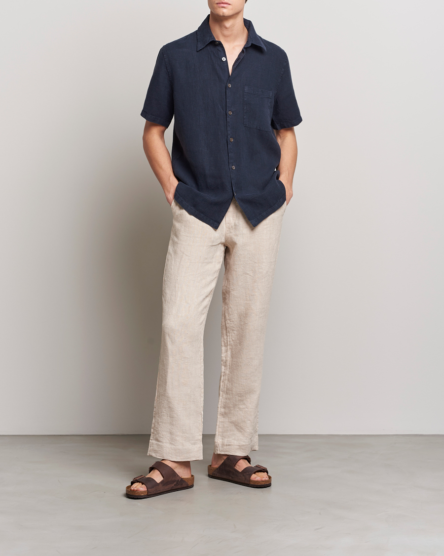 Herr | Skjortor | A Day's March | Khito Short Sleeve Linen Shirt Dark Navy