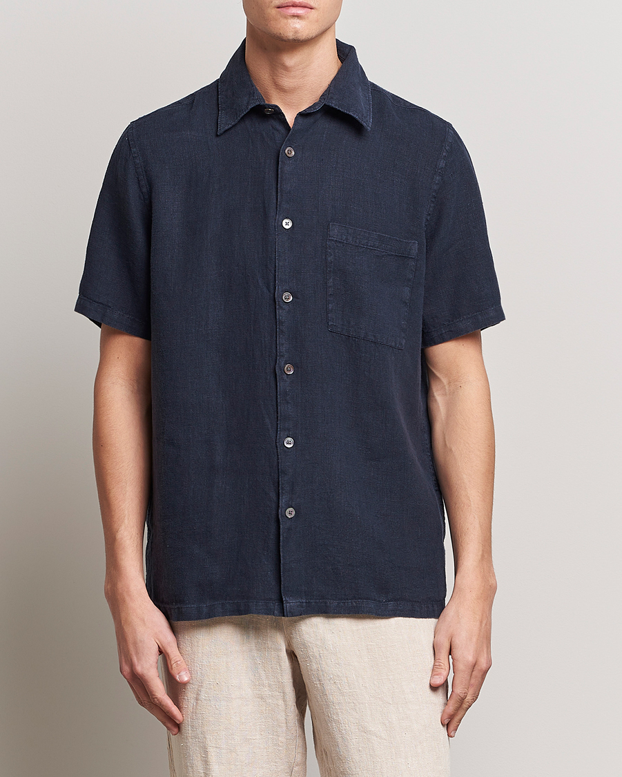 Herr | Kortärmade skjortor | A Day's March | Khito Short Sleeve Linen Shirt Dark Navy