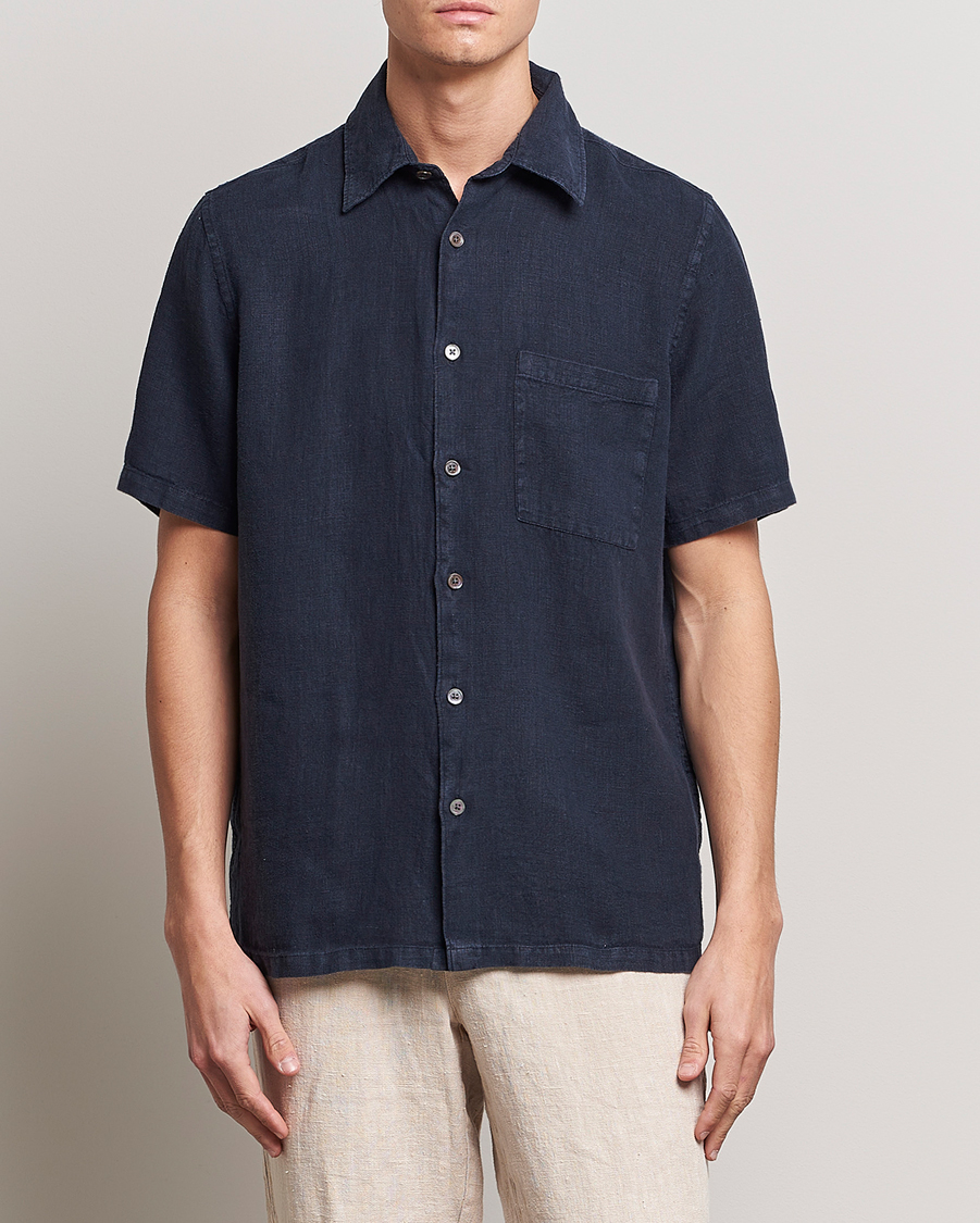 Herr | Skjortor | A Day's March | Khito Short Sleeve Linen Shirt Dark Navy