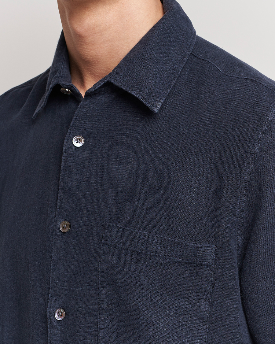 Herr | Skjortor | A Day's March | Khito Short Sleeve Linen Shirt Dark Navy