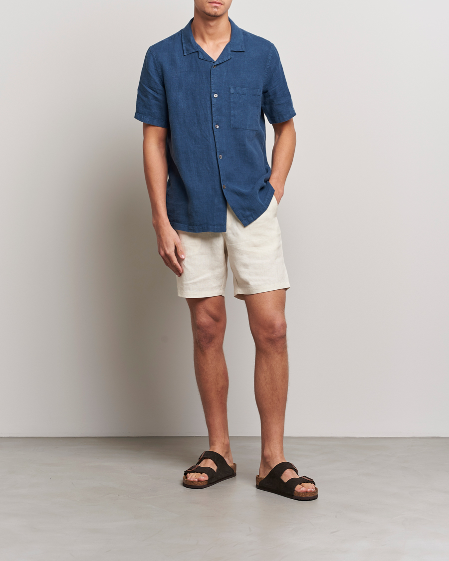 Herr | Skjortor | A Day's March | Yamu Short Sleeve Linen Shirt Indigo Blue
