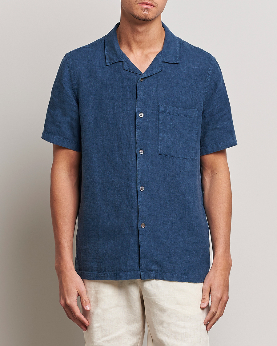 Herr | Kortärmade skjortor | A Day's March | Yamu Short Sleeve Linen Shirt Indigo Blue