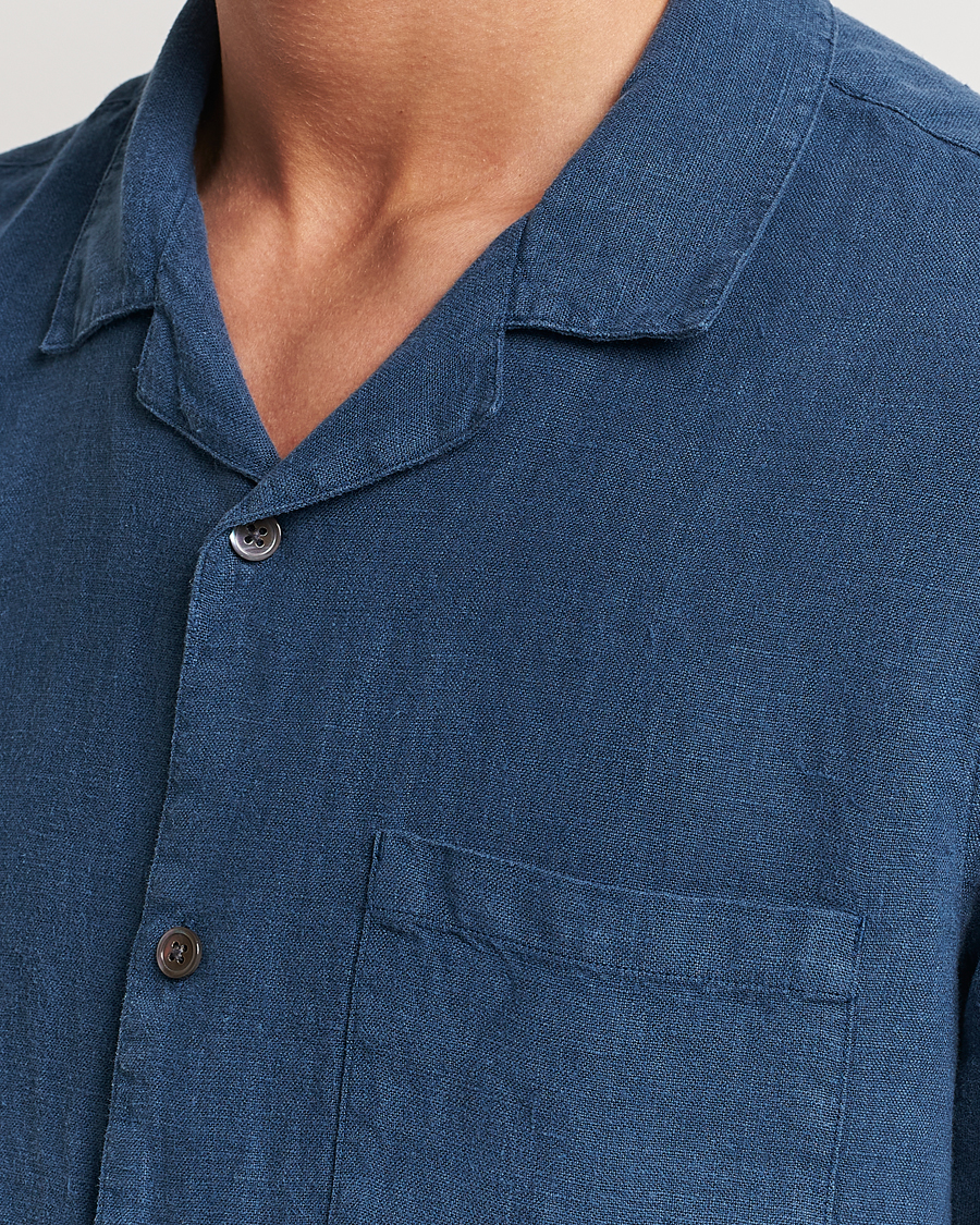 Herr | Skjortor | A Day's March | Yamu Short Sleeve Linen Shirt Indigo Blue