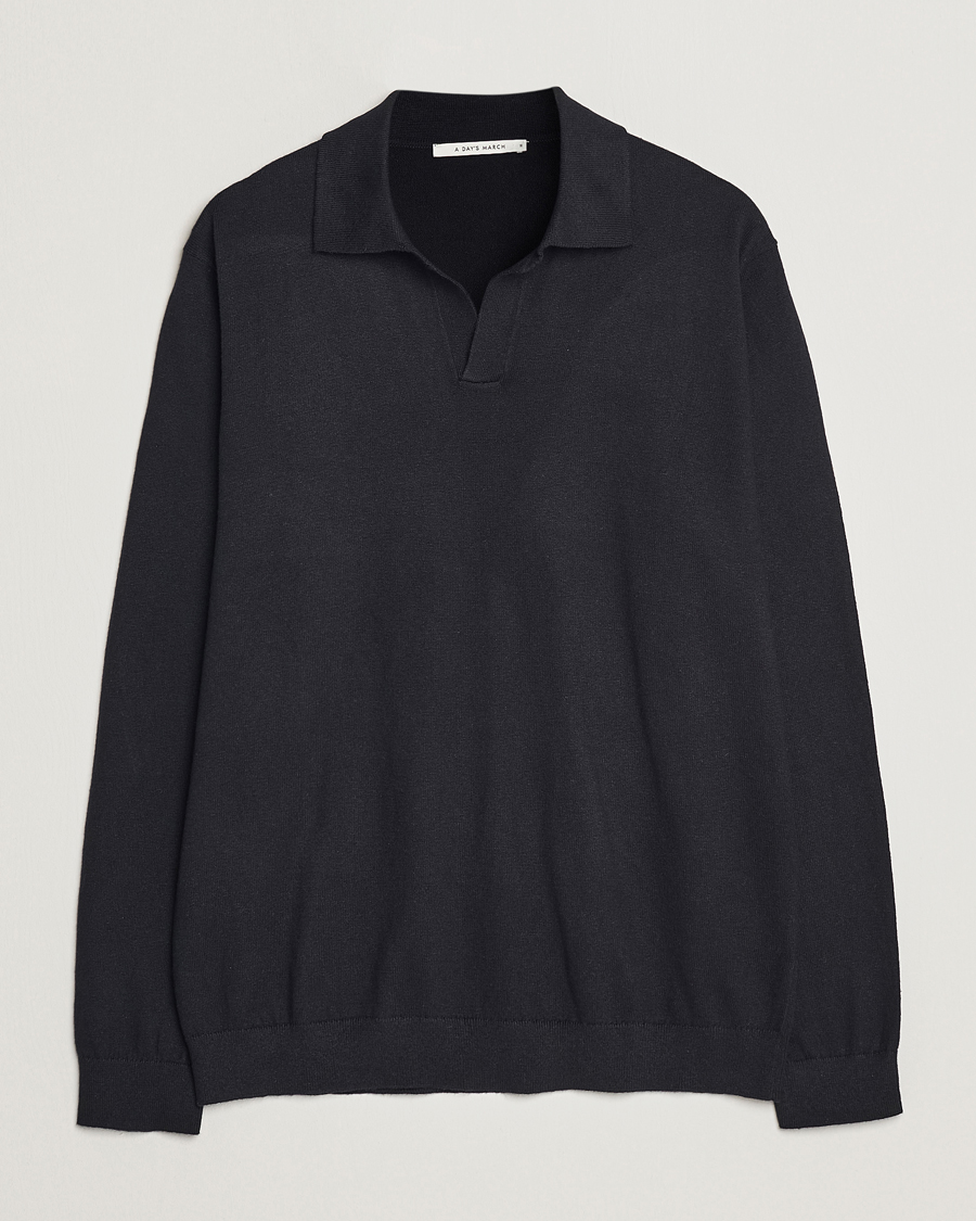 Herr | Pikéer | A Day's March | Manol Cotton Linen Polo Black