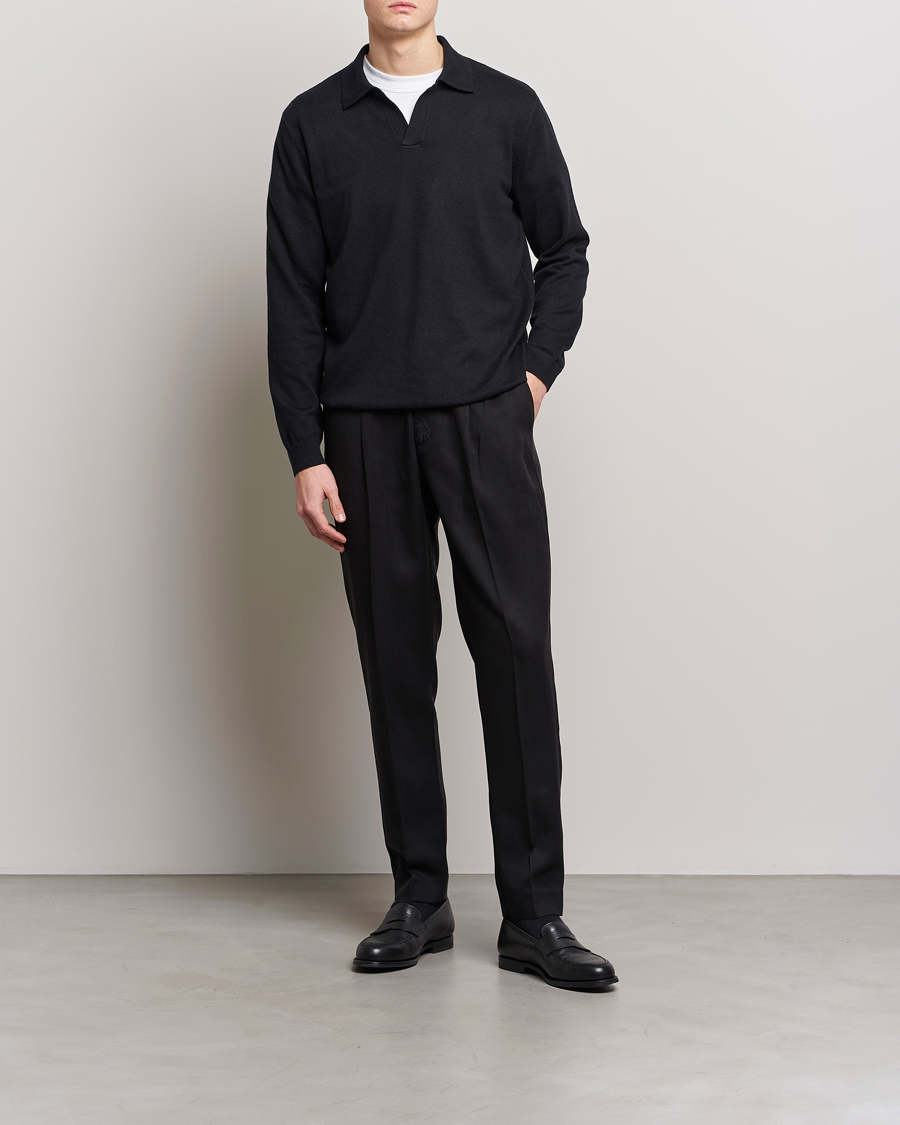 Herr | Pikéer | A Day's March | Manol Cotton Linen Polo Black