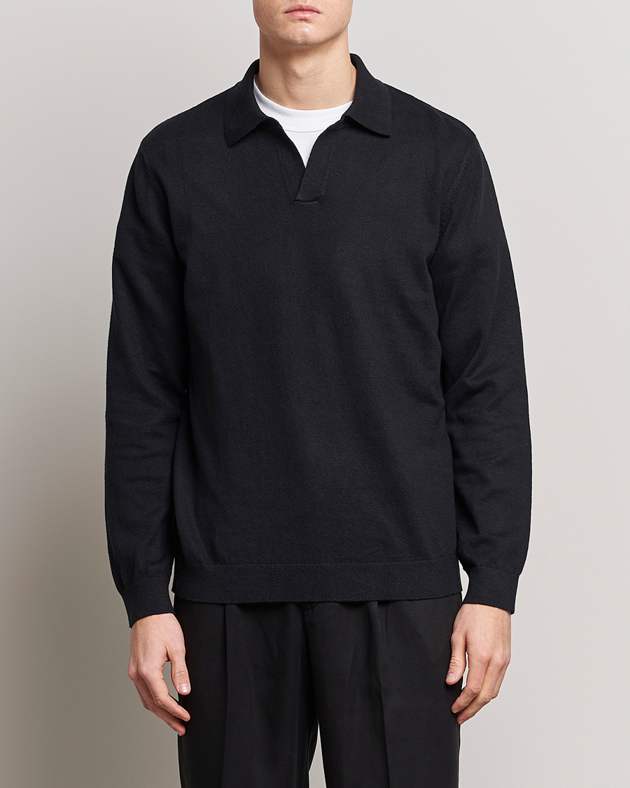 Herr | Pikéer | A Day's March | Manol Cotton Linen Polo Black