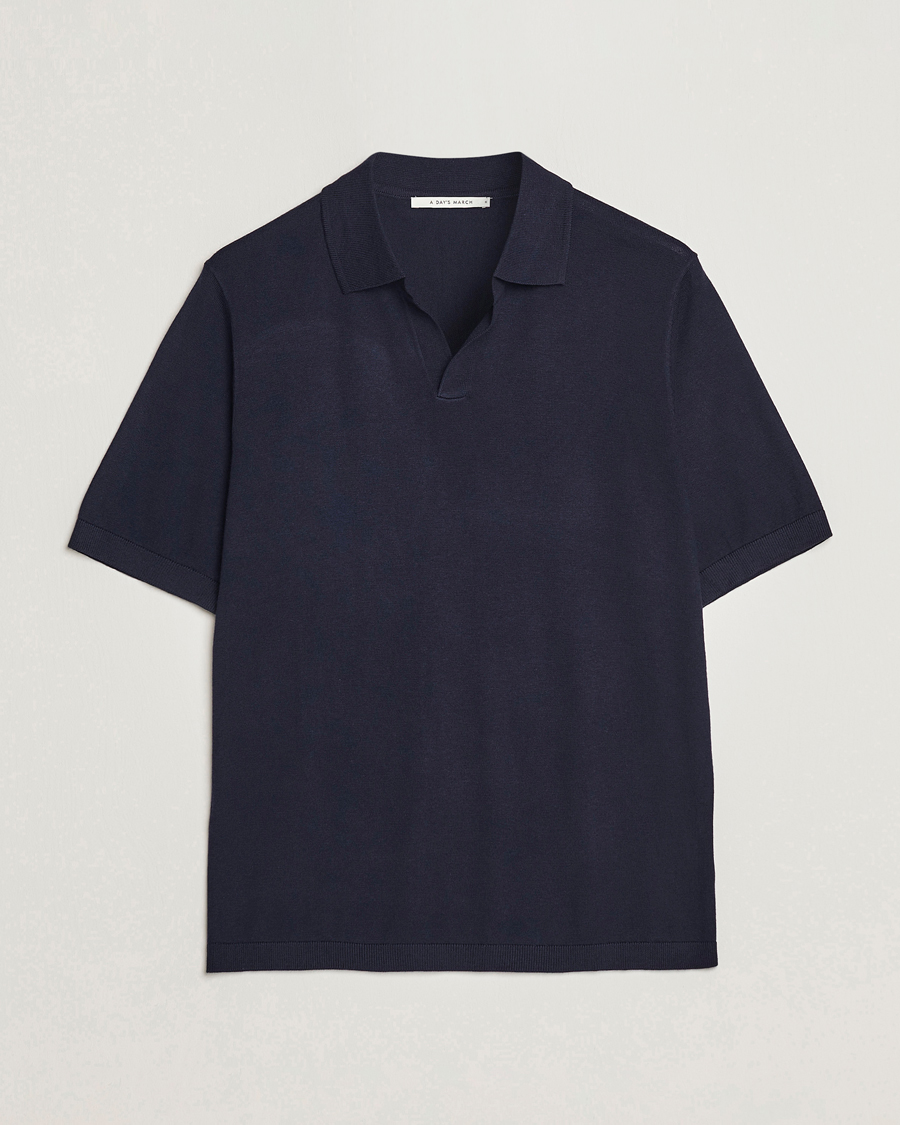 Herr | Pikéer | A Day's March | Ebro Open Collar Cotton/Wool Navy