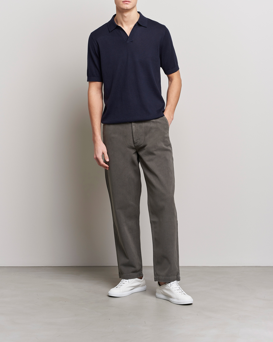 Herr | Pikéer | A Day's March | Ebro Open Collar Cotton/Wool Navy