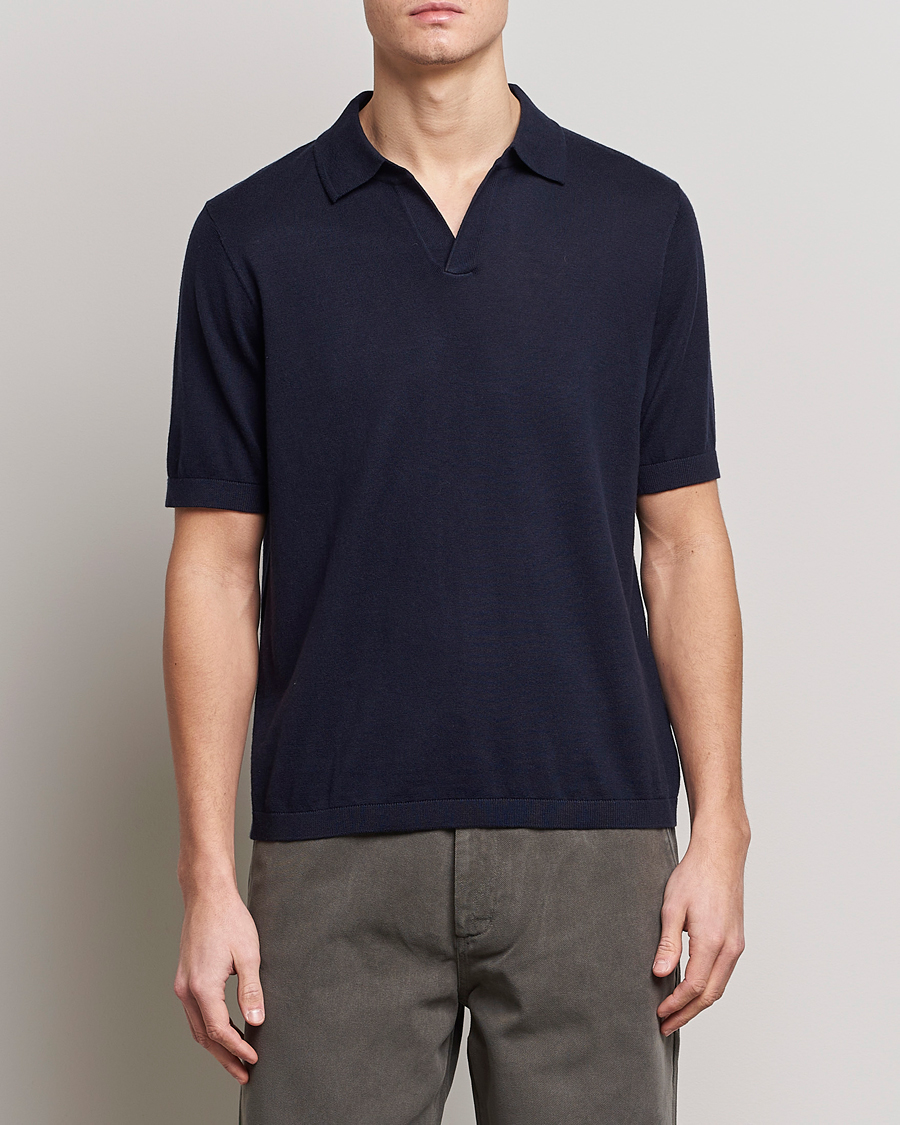 Herr | Pikéer | A Day's March | Ebro Open Collar Cotton/Wool Navy
