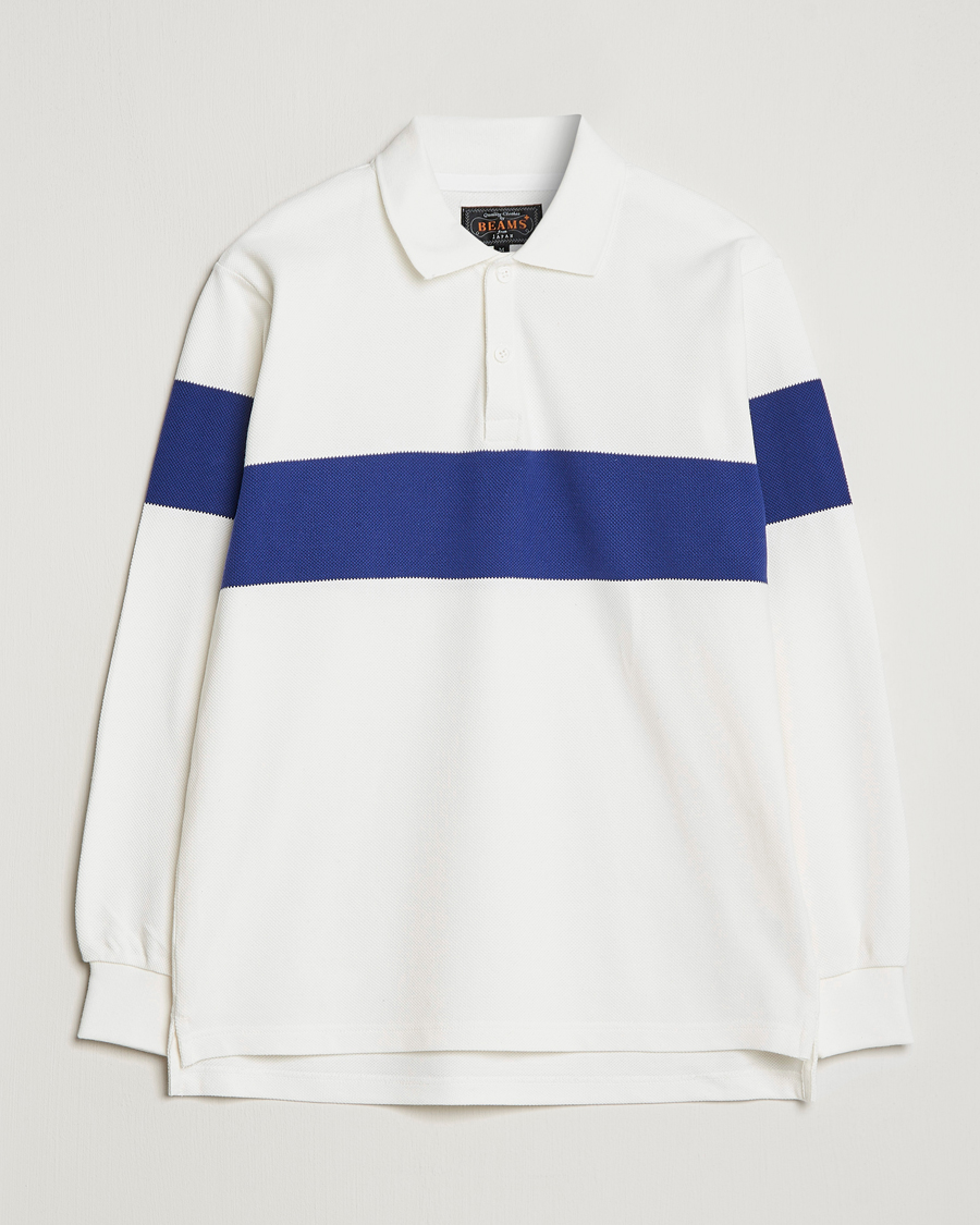 Herr | Tröjor | BEAMS PLUS | Panel Stripe Long Sleeve Polo White