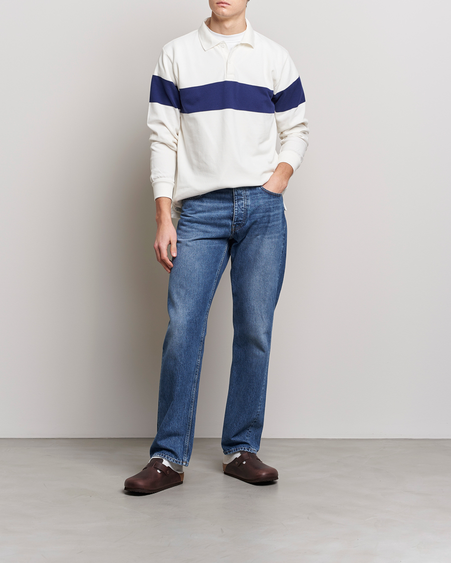 Herr | Tröjor | BEAMS PLUS | Panel Stripe Long Sleeve Polo White