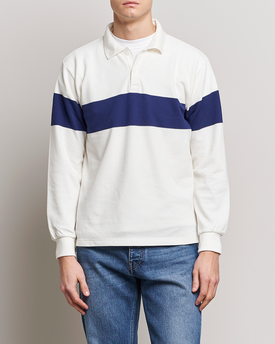 Herr | Långärmade pikéer | BEAMS PLUS | Panel Stripe Long Sleeve Polo White