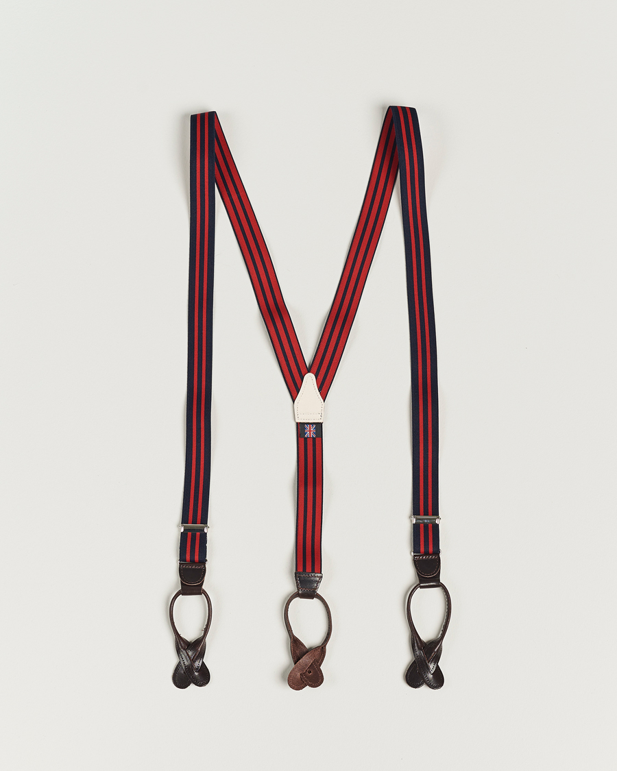 Herr | Albert Thurston Elastic Narrow Stripe Braces 25mm Navy/Red | Albert Thurston | Elastic Narrow Stripe Braces 25mm Navy/Red