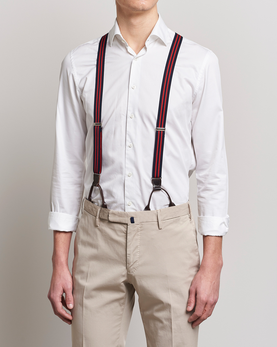 Herr | Albert Thurston Elastic Narrow Stripe Braces 25mm Navy/Red | Albert Thurston | Elastic Narrow Stripe Braces 25mm Navy/Red