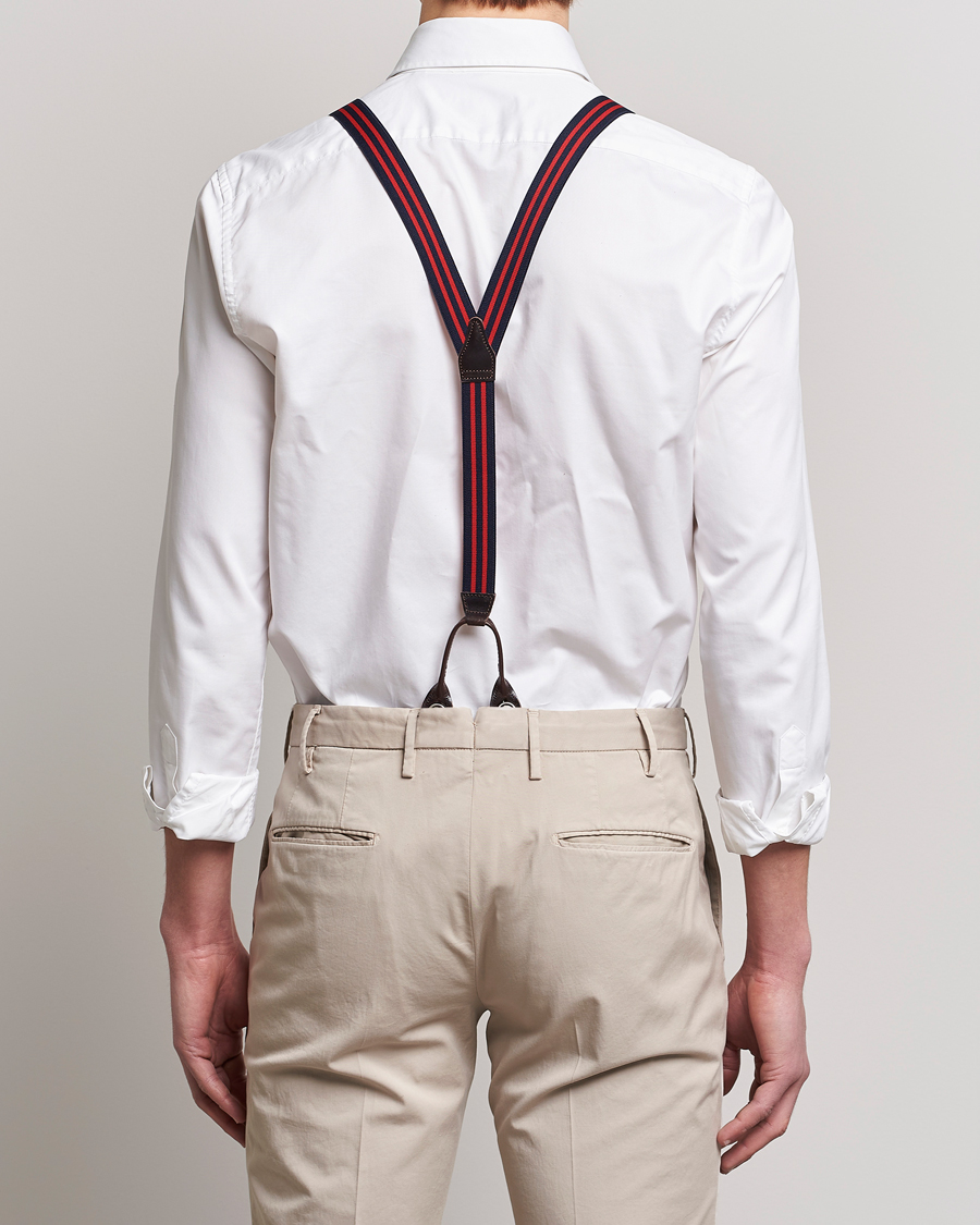 Herr | Albert Thurston Elastic Narrow Stripe Braces 25mm Navy/Red | Albert Thurston | Elastic Narrow Stripe Braces 25mm Navy/Red
