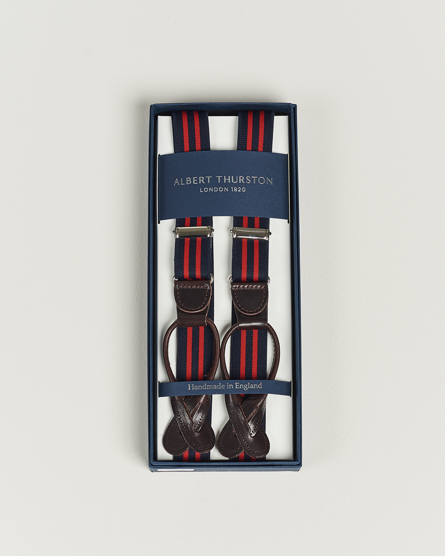 Herr | Albert Thurston Elastic Narrow Stripe Braces 25mm Navy/Red | Albert Thurston | Elastic Narrow Stripe Braces 25mm Navy/Red