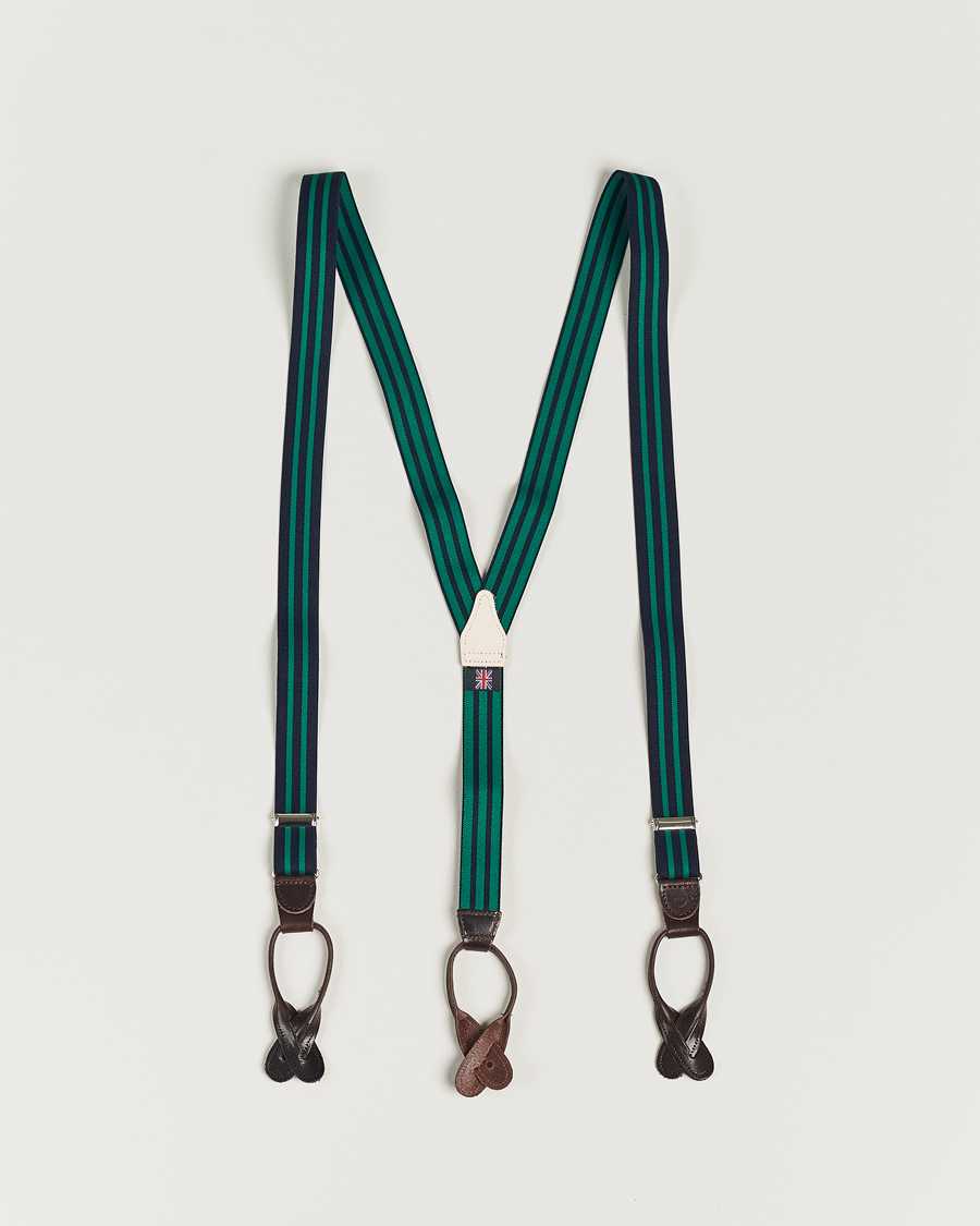 Herr | Albert Thurston Elastic Narrow Stripe Braces 25mm Navy/Green | Albert Thurston | Elastic Narrow Stripe Braces 25mm Navy/Green