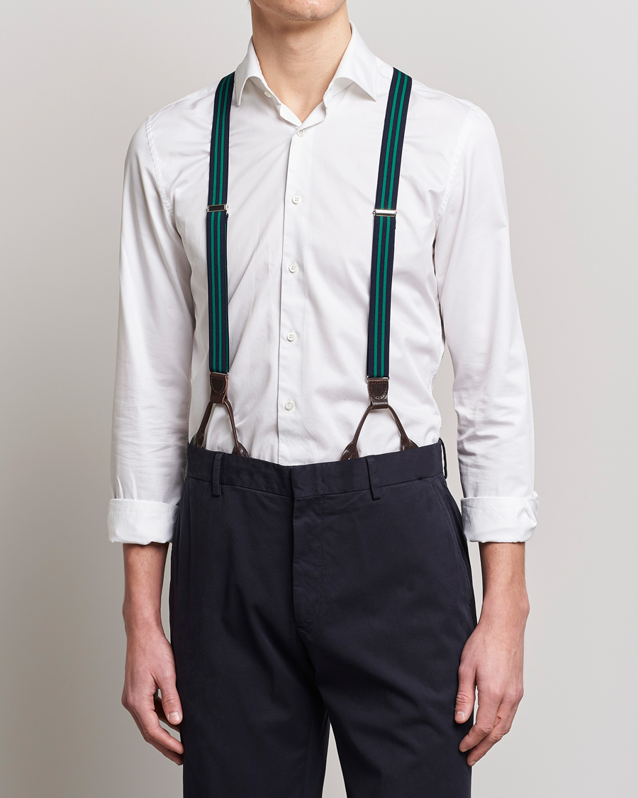 Herr | Albert Thurston Elastic Narrow Stripe Braces 25mm Navy/Green | Albert Thurston | Elastic Narrow Stripe Braces 25mm Navy/Green