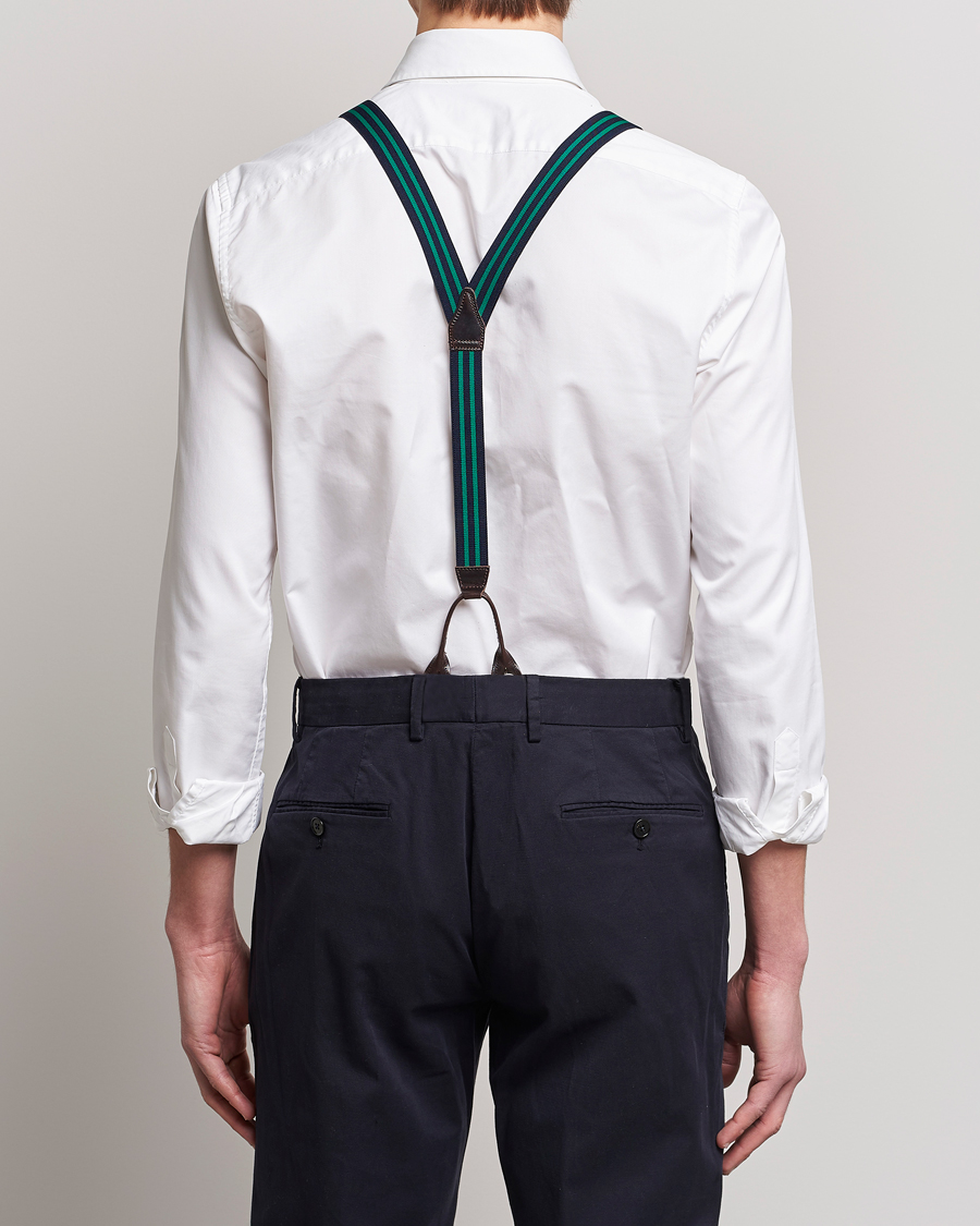 Herr | Albert Thurston Elastic Narrow Stripe Braces 25mm Navy/Green | Albert Thurston | Elastic Narrow Stripe Braces 25mm Navy/Green
