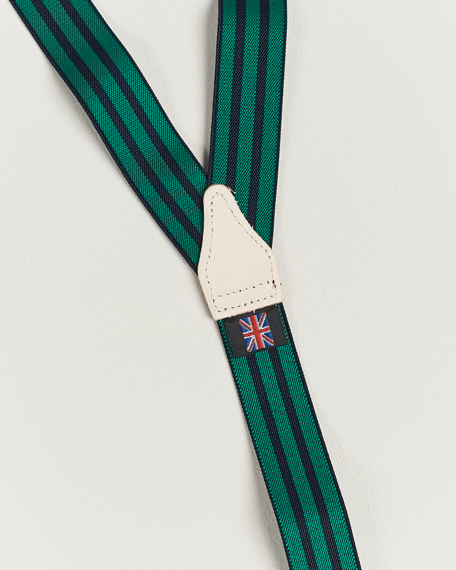 Herr | Albert Thurston Elastic Narrow Stripe Braces 25mm Navy/Green | Albert Thurston | Elastic Narrow Stripe Braces 25mm Navy/Green