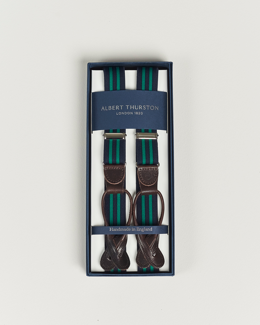 Herr | Albert Thurston Elastic Narrow Stripe Braces 25mm Navy/Green | Albert Thurston | Elastic Narrow Stripe Braces 25mm Navy/Green