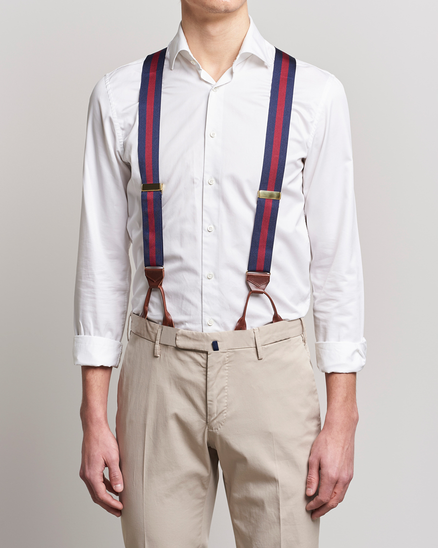 Herr | Albert Thurston Elastic Wide Stripe Braces 40mm Navy/Wine | Albert Thurston | Elastic Wide Stripe Braces 40mm Navy/Wine