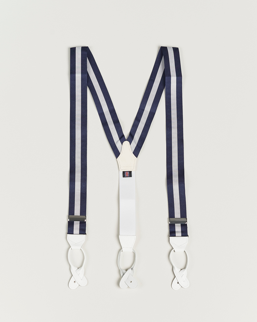 Herr | Albert Thurston Elastic Wide Stripe Braces 40mm Navy/White | Albert Thurston | Elastic Wide Stripe Braces 40mm Navy/White