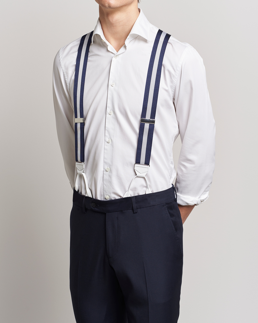 Herr | Albert Thurston Elastic Wide Stripe Braces 40mm Navy/White | Albert Thurston | Elastic Wide Stripe Braces 40mm Navy/White