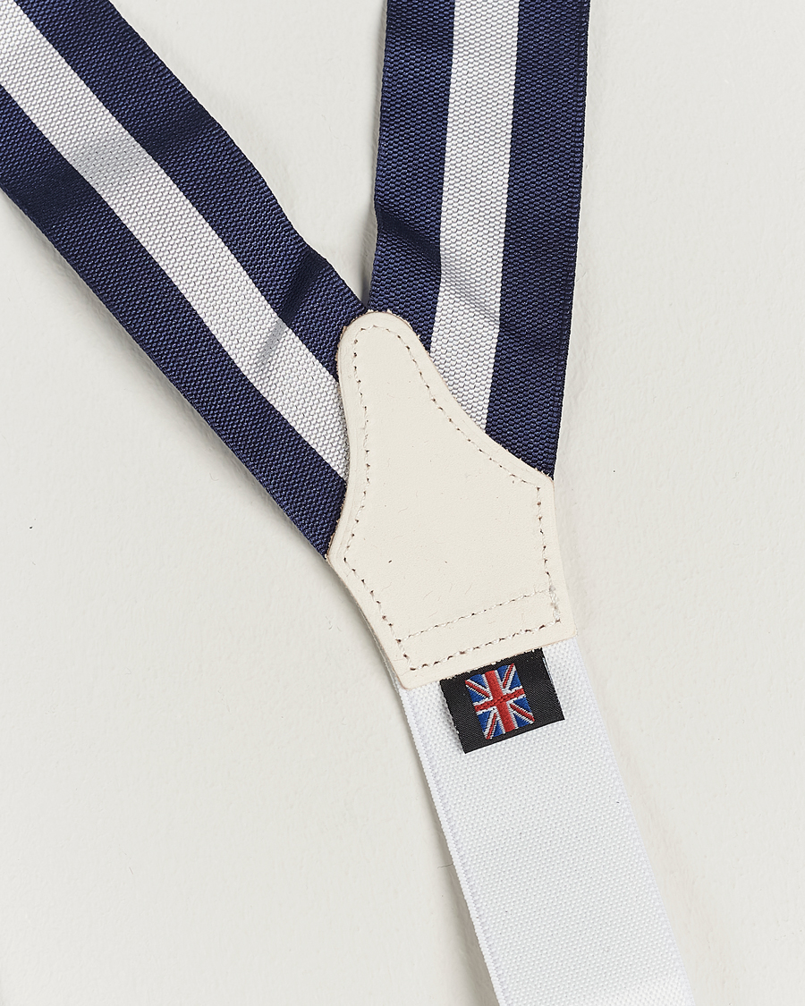 Herr | Albert Thurston Elastic Wide Stripe Braces 40mm Navy/White | Albert Thurston | Elastic Wide Stripe Braces 40mm Navy/White