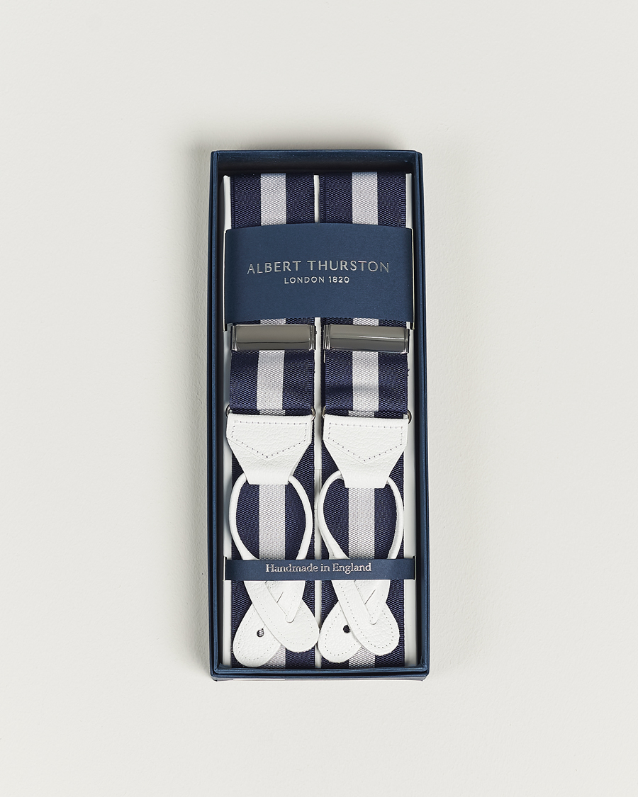 Herr | Albert Thurston Elastic Wide Stripe Braces 40mm Navy/White | Albert Thurston | Elastic Wide Stripe Braces 40mm Navy/White