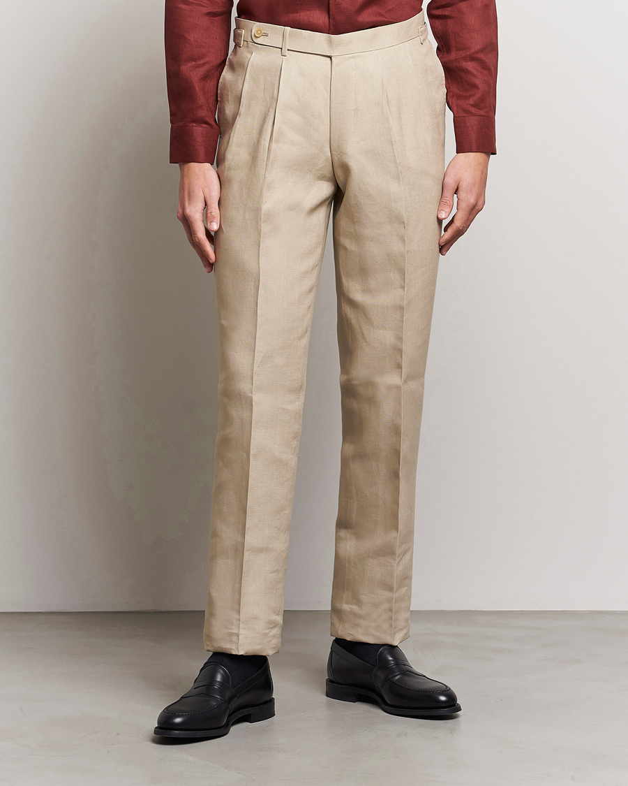 Herr | Beams F | Beams F | Pleated Linen Trousers Beige