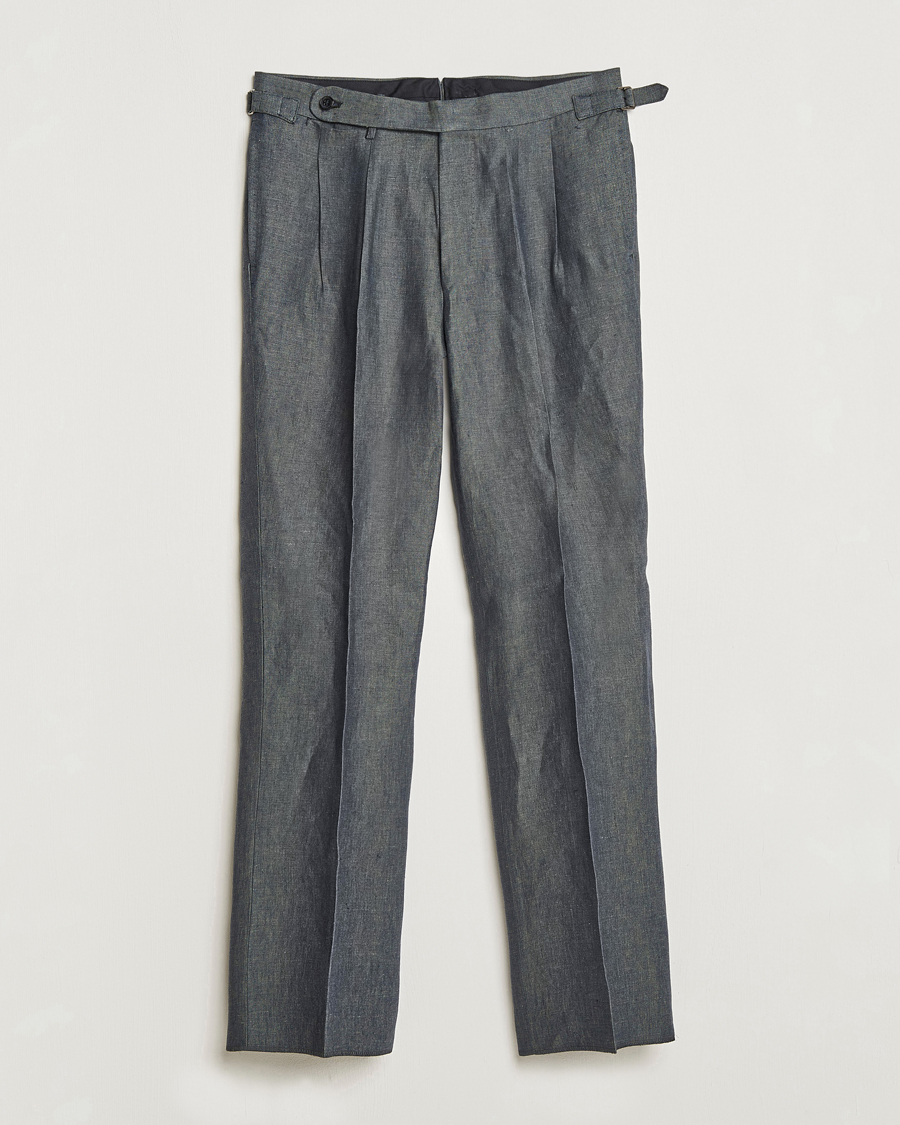 Herr | Byxor | Beams F | Pleated Linen Trousers Petroleum Blue