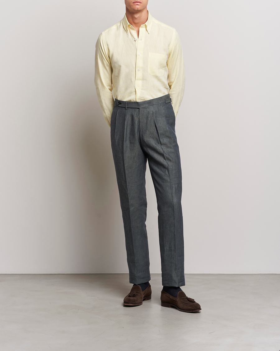 Herr | Byxor | Beams F | Pleated Linen Trousers Petroleum Blue