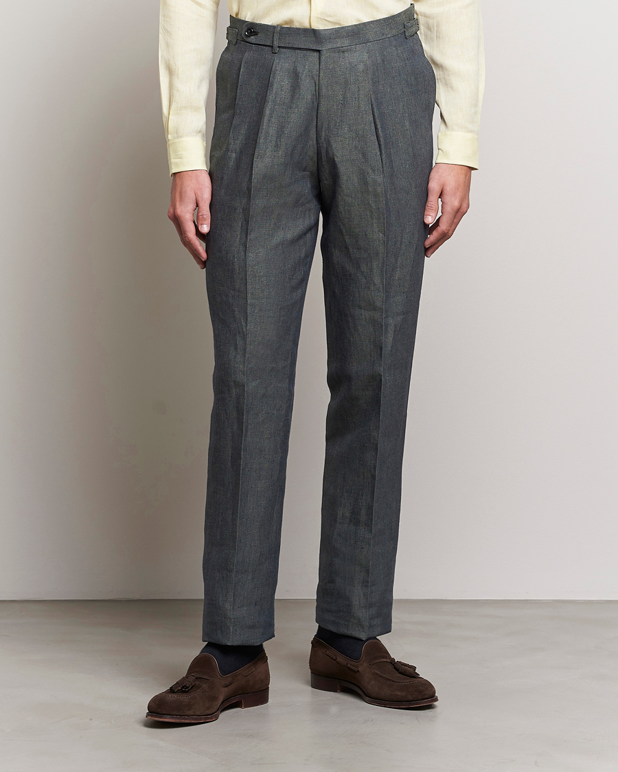 Herr | Byxor | Beams F | Pleated Linen Trousers Petroleum Blue