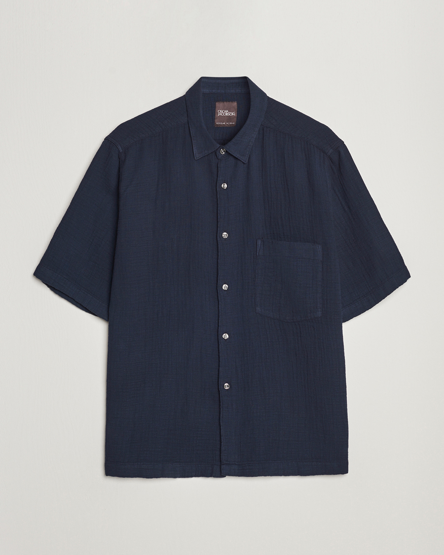 Herr | Skjortor | Oscar Jacobson | Short Sleeve City Crepe Cotton Shirt Navy
